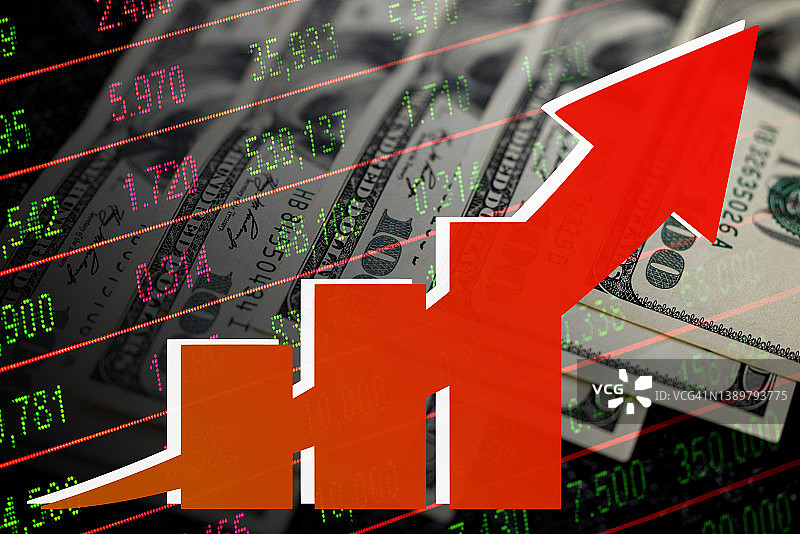 经济图表：红色上升箭头、美元和股市指标图片素材