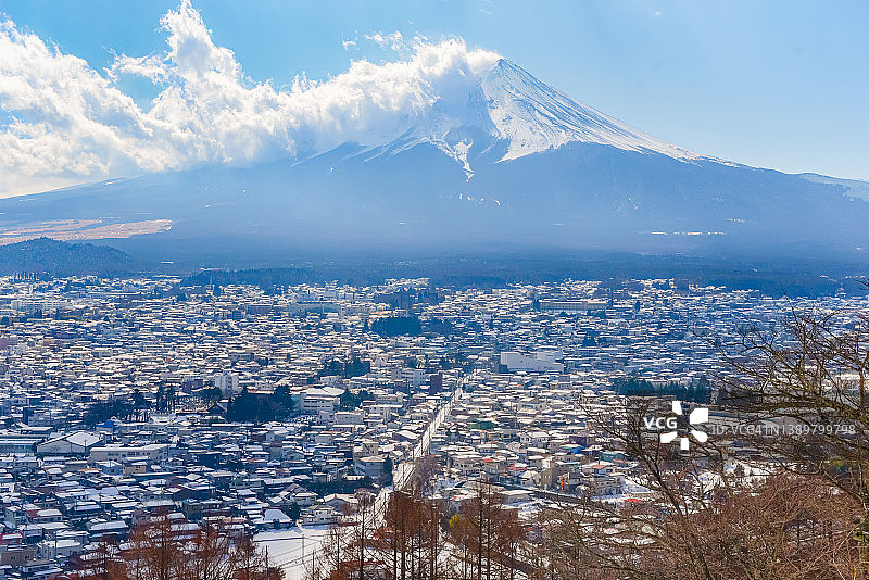 日本富士吉田市冬日雪景与富士山图片素材