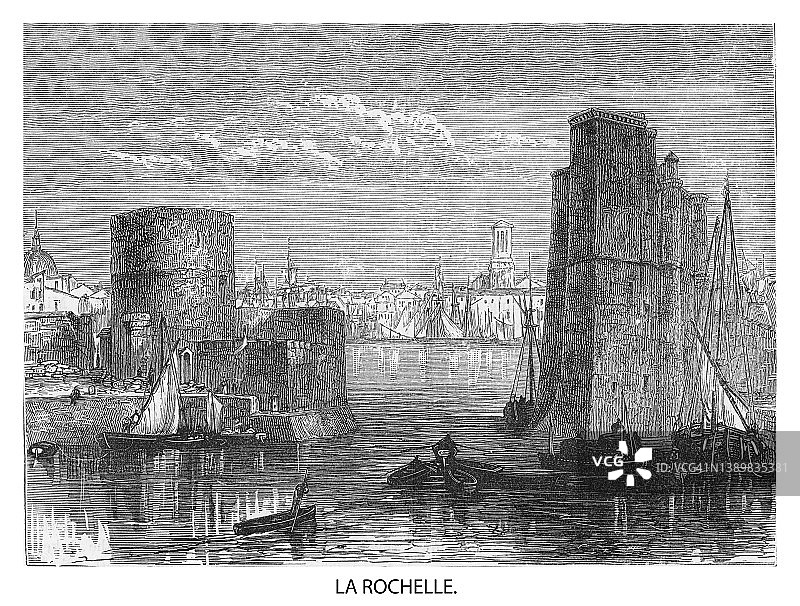 拉罗谢尔古版画：法国西南海岸比斯开湾的海港城市图片素材