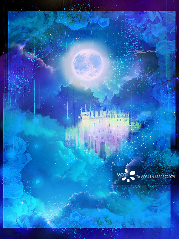 中世纪欧洲城堡云海星月夜空插画图片素材