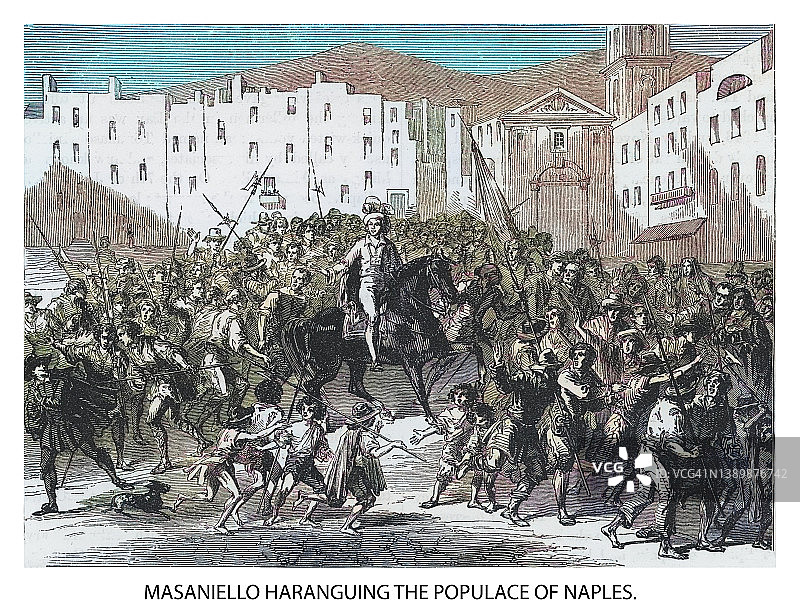 古老雕刻插画：马萨涅洛煽动那不勒斯民众图片素材
