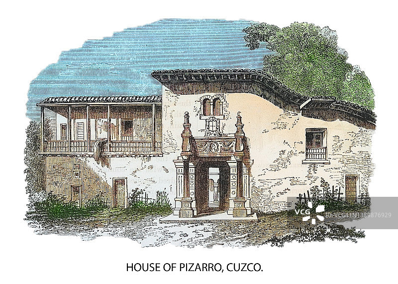 弗朗西斯科·皮萨罗·冈萨雷斯在库斯科的房子的古老版画插图图片素材