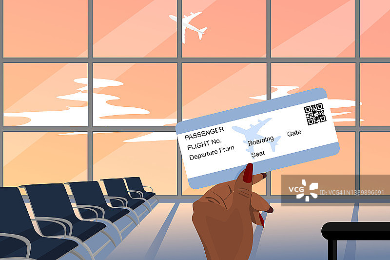 乘飞机旅行概念：女性在机场出发航站楼查看登机牌，准备出国旅行图片素材