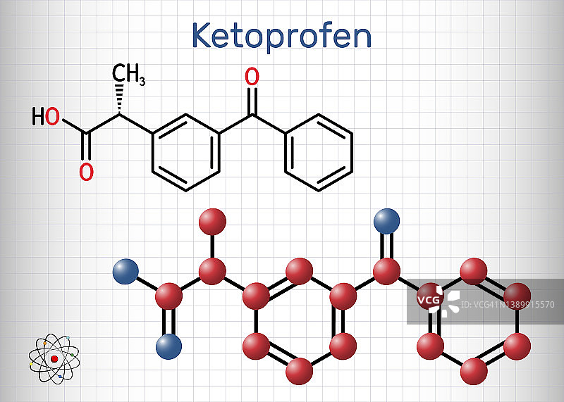 酮洛芬分子：一种丙酸衍生物，非甾体抗炎药（NSAID），结构化学式，分子模型，方格纸图片素材