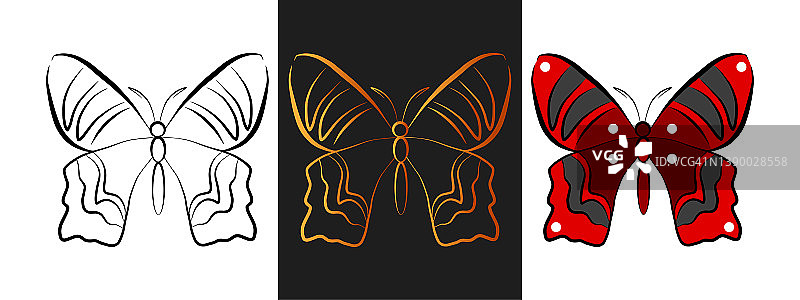 蝴蝶动物轮廓标志设计元素，黑色和金色轮廓线艺术风格隔离图标集，精美纹身模板，卡通昆虫绘画图片素材