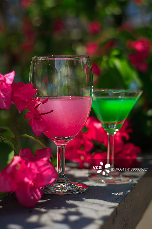 九重葛花园中的粉色和绿色饮品图片素材