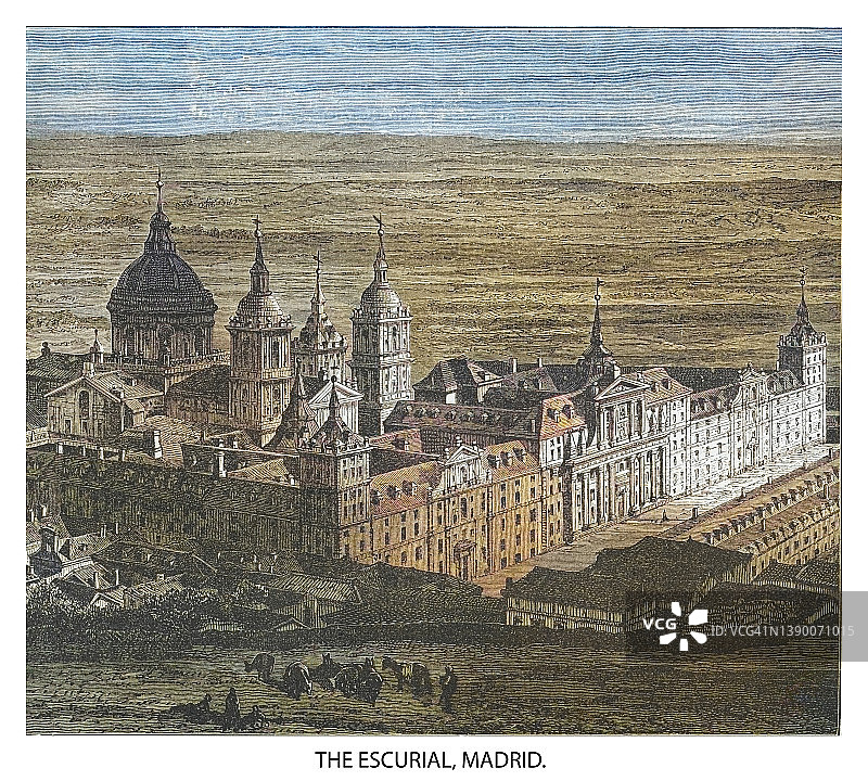 西班牙马德里埃斯科里亚尔修道院古老版画图片素材