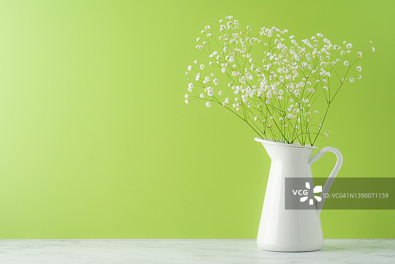 白色水罐里的满天星花图片素材