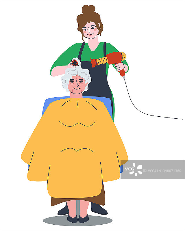 一位在美容院做发型的年长女性。美发师用吹风机和圆梳为祖母卷发。扁平风格矢量插画图片素材