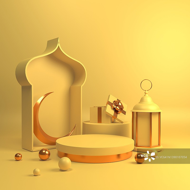 黄色背景上的斋月灯笼和新月贺卡设计图片素材