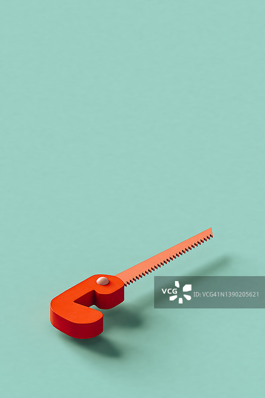 红色手锯漂浮在绿色背景上的3D渲染图片素材