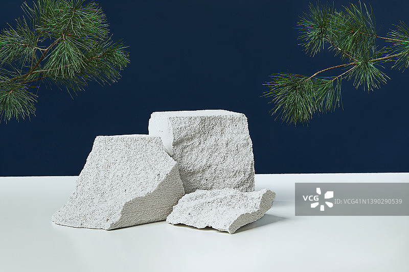 空白色石头讲台和松树枝场景图片素材