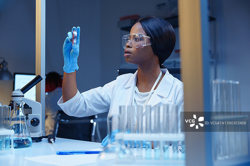 一位年轻漂亮的非裔美国女科学家戴着防护眼镜和手套，在现代实验室里研究培养皿中的细菌生长图片素材