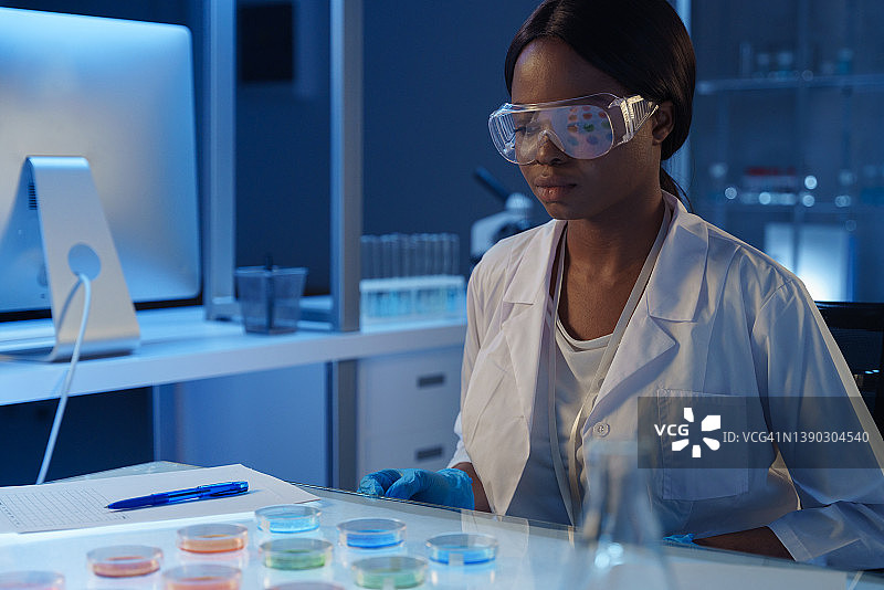 年轻的非裔美国女医学科学家在实验室里使用培养皿图片素材