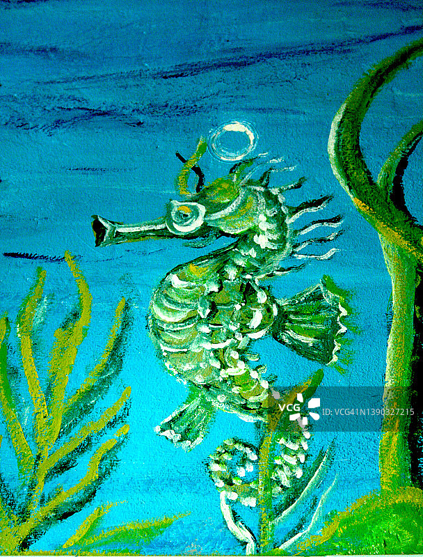 混凝土墙上的海马绘画图片素材