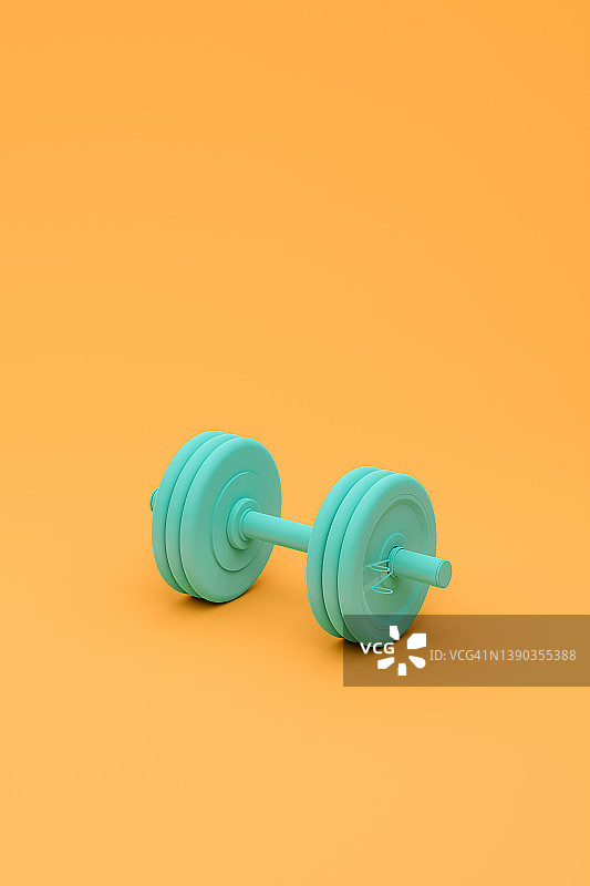 橙色背景上的绿色哑铃3D渲染图片素材
