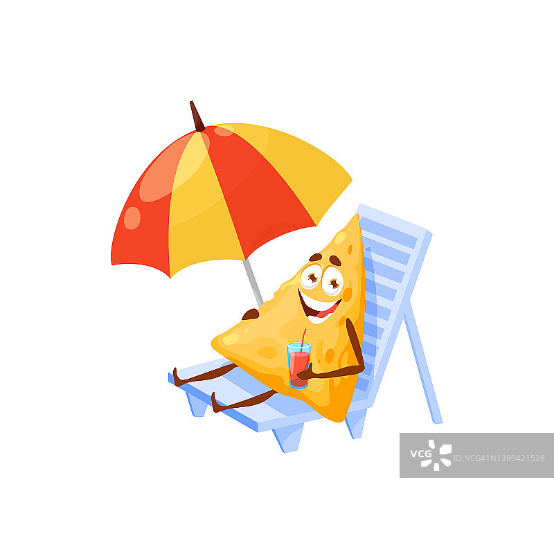 沙滩椅上的卡通玉米片与鸡尾酒图片素材