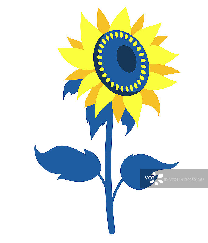 黄蓝色向日葵。带叶子的美丽开花植物。矢量图。乌克兰国旗的颜色。用于设计、装饰和装饰的时尚植物图片素材