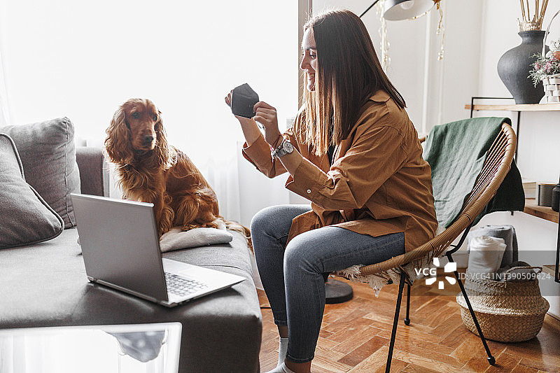 疫情期间女人在笔记本电脑上进行视频通话图片素材