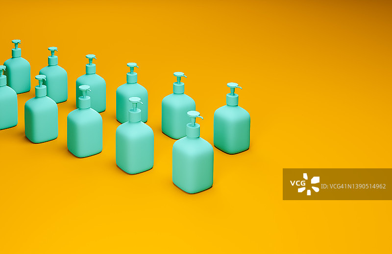 橙色背景上的绿色皂液瓶3D渲染图图片素材