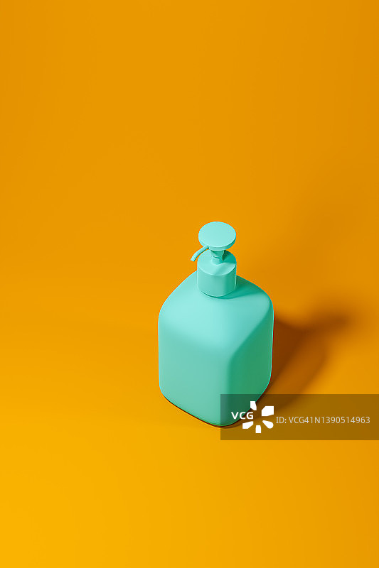 橙色背景上的绿色香皂瓶3D渲染图图片素材