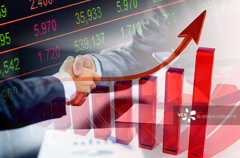 经济图表：握手、上升箭头和股市指标图片素材