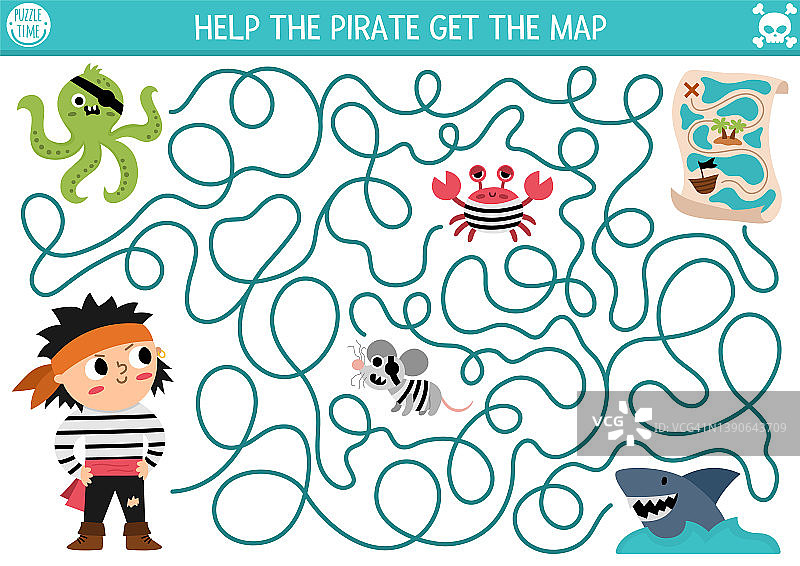 儿童海盗迷宫。寻宝主题学前教育打印活动，包含可爱的海盗船长、章鱼、老鼠、鲨鱼、螃蟹。海上冒险迷宫游戏或拼图。帮助海盗找到地图图片素材
