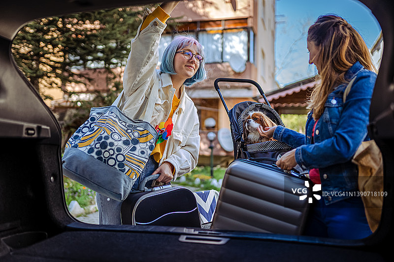 年轻家庭和他们的狗为公路旅行打包行李的特写图片素材