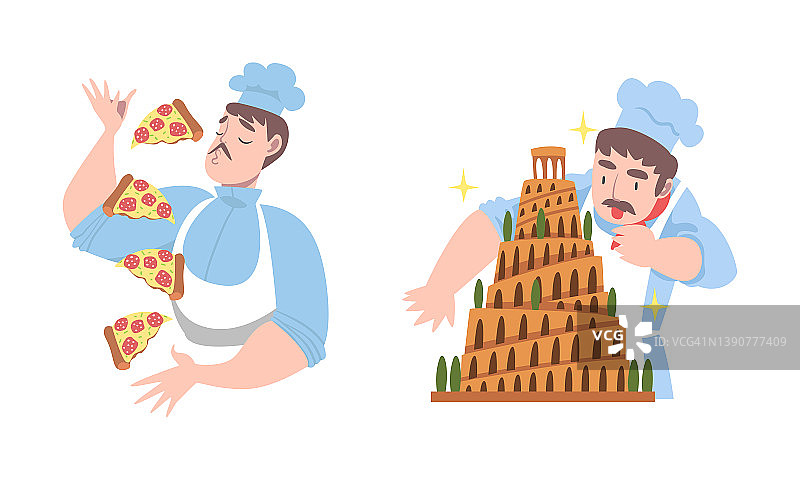 留着胡子的厨师穿着制服烹饪比萨和蛋糕卡通矢量图图片素材