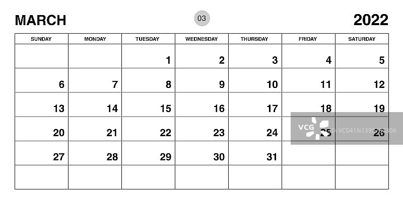 2022年3月年度计划模板，2022年日历模板，月度和年度计划，周日开始，企业计划模板，2022年桌面日历，横向布局，矢量图片素材
