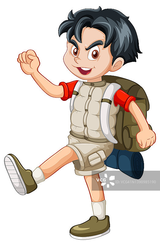 快乐的小男孩穿着露营装备，背着背包图片素材