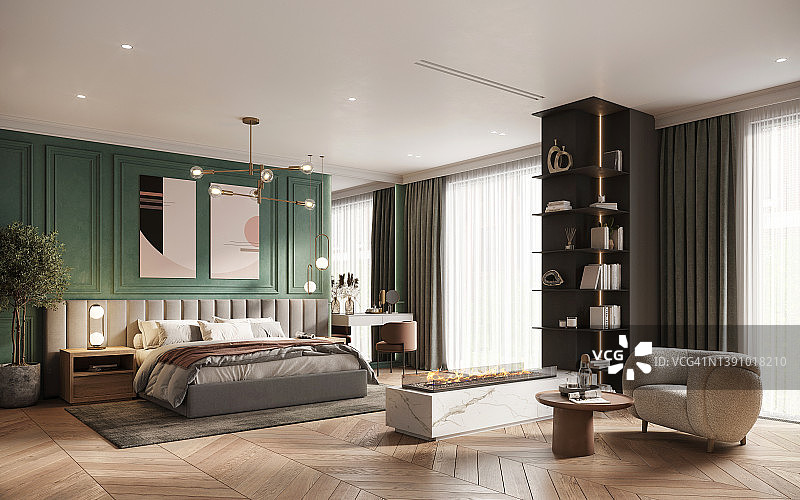 带木地板和绿色墙壁的卧室全景图片素材