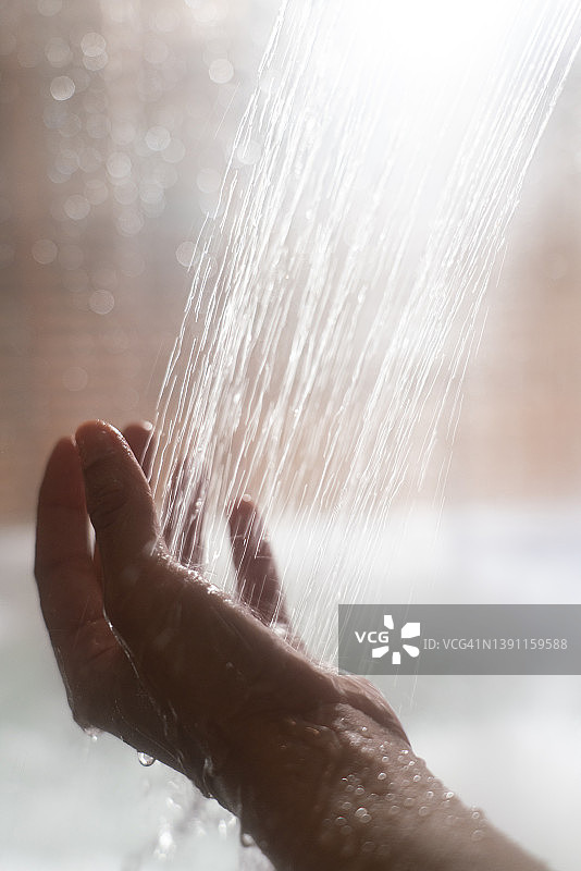 女性在淋浴下手捧水图片素材