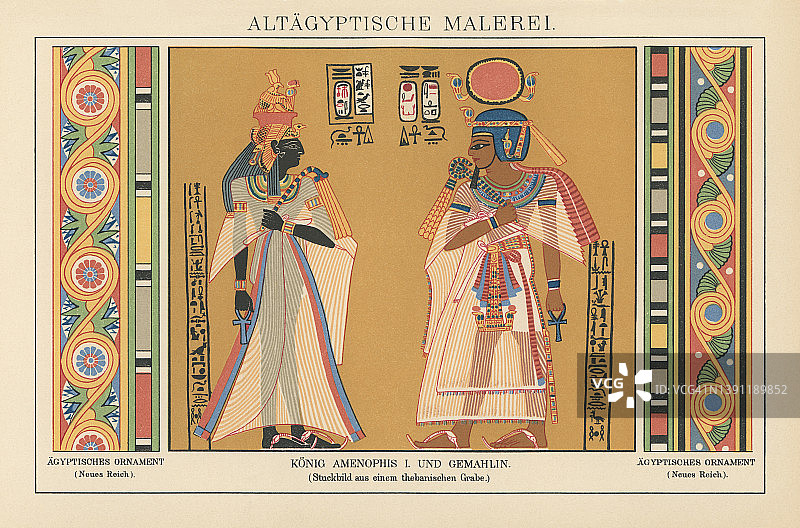 老式彩色石印插图：阿蒙霍特普一世法老和王后阿赫摩斯-内费尔塔莉图片素材