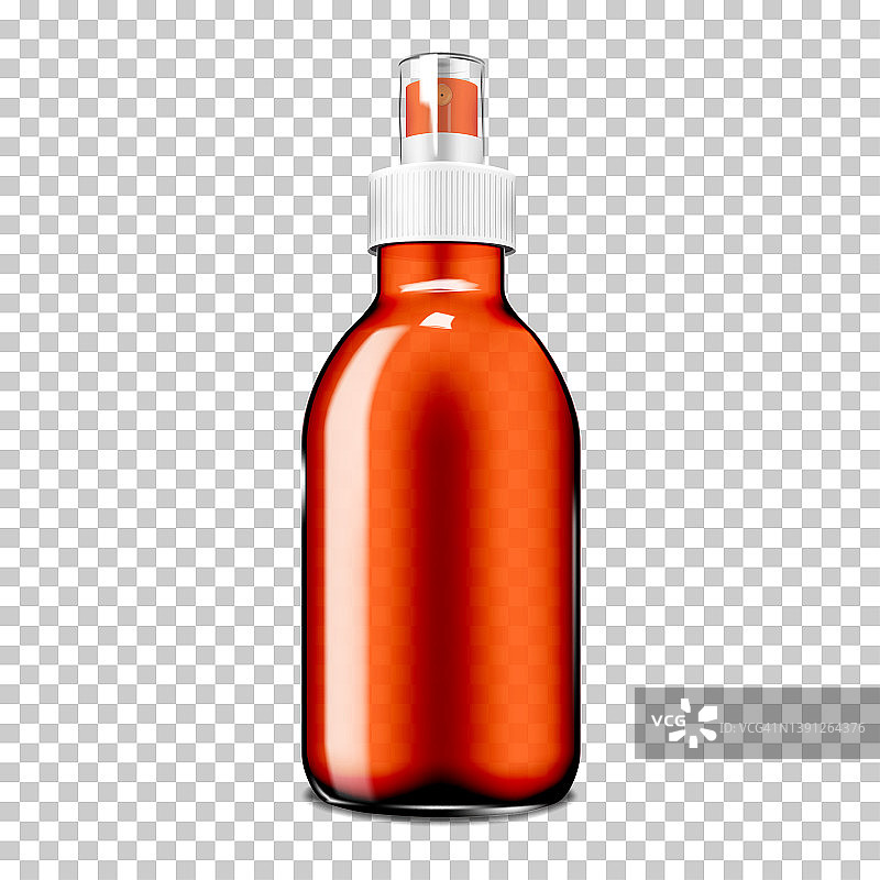 透明背景上带透明盖的化妆品细雾喷雾瓶，逼真的模型。美容或医药产品泵容器，矢量模型。设计模板图片素材