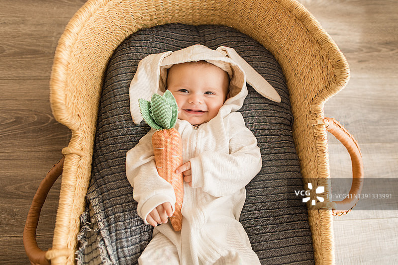 穿兔子装的男婴和胡萝卜图片素材