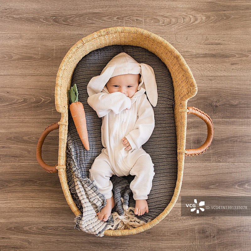 一个穿着白色兔子服装的16周大的可爱兔子男婴躺在舒适的篮子里，手里拿着胡萝卜图片素材