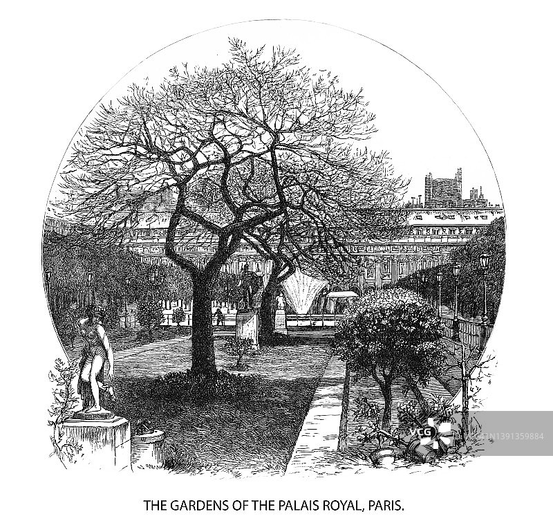 法国巴黎皇家宫殿花园的古老雕刻插图图片素材