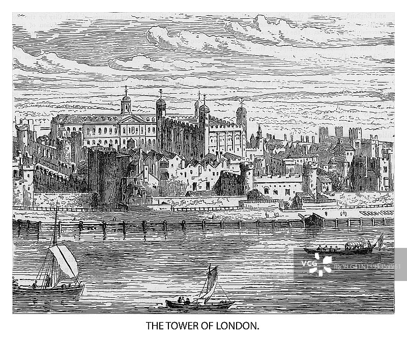 伦敦塔古版画插图图片素材