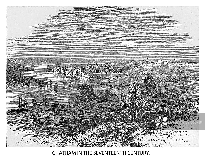 查塔姆镇雕刻插画图片素材