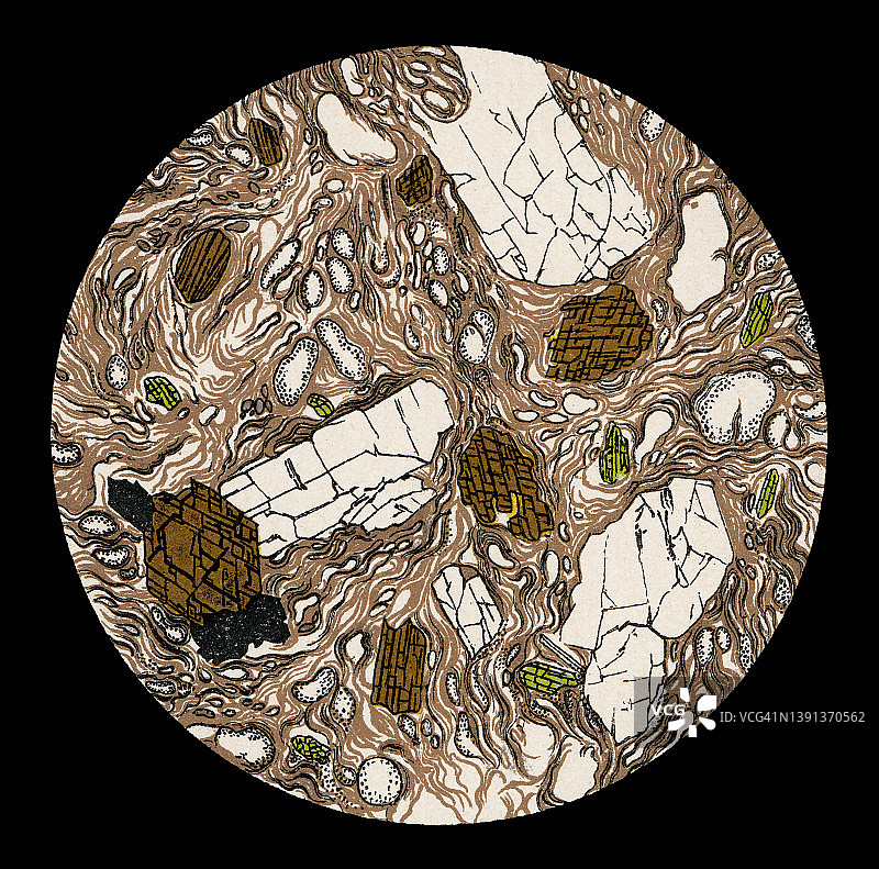 岩石和矿物的微观视图古旧彩色石印插图图片素材