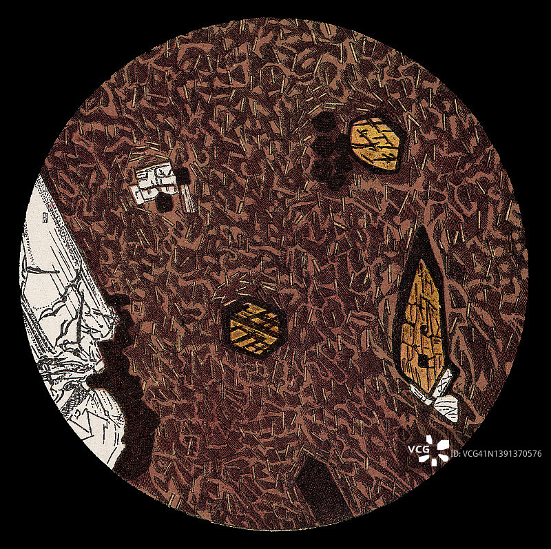 岩石和矿物的微观视图古旧彩色石印插图图片素材