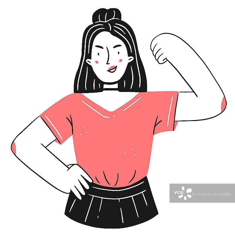 线性风格中快乐自信的女孩，展示力量的坚强女人矢量插画图片素材