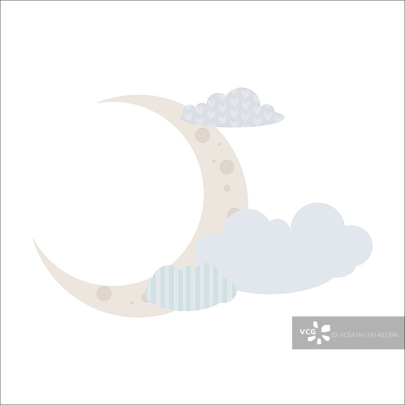 柔和色彩的大月亮、气球和飞艇儿童插画矢量可爱印花图片素材