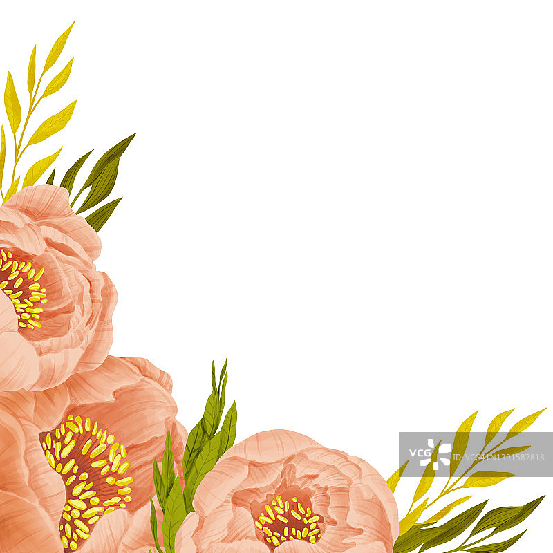 手绘牡丹花贺卡，粉色花叶图片素材