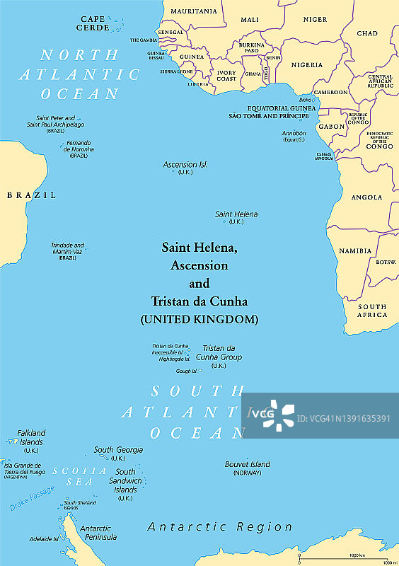 非洲与巴西之间的南大西洋岛屿政治地图图片素材