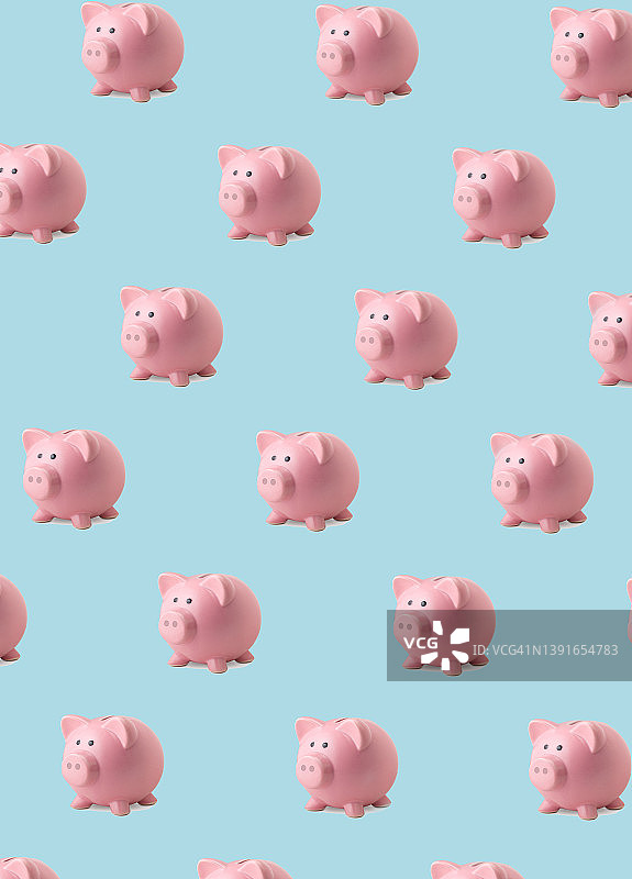 蓝色背景上的小猪储蓄罐无缝图案图片素材