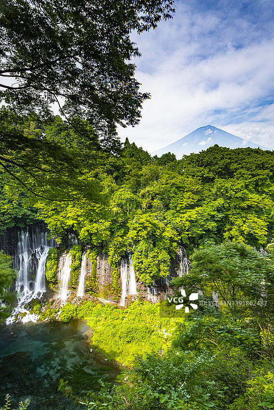 夏季富士山与白丝瀑布，日本静冈县富士宫市图片素材