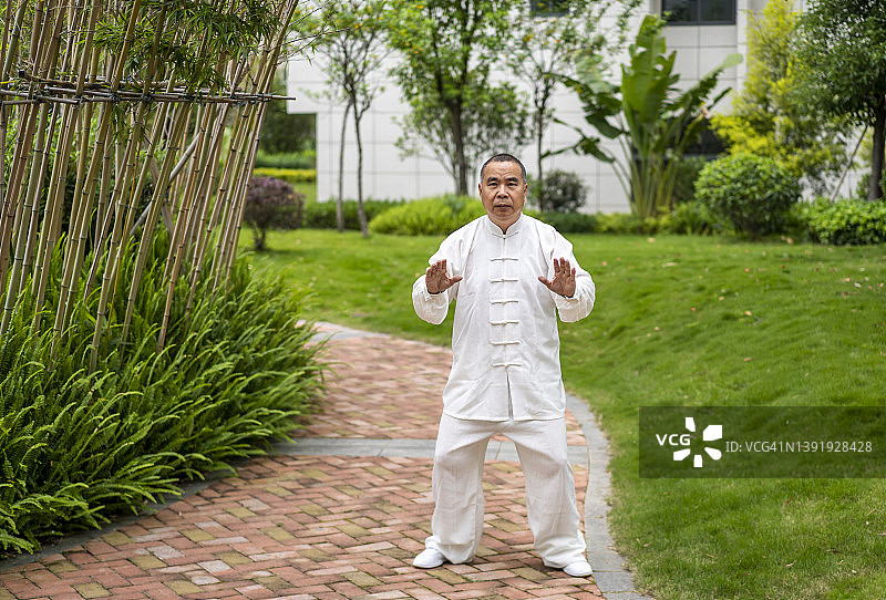 在公园里打太极的老年亚洲男人图片素材