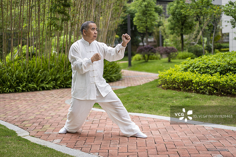 在公园里打太极的老年亚洲男人图片素材